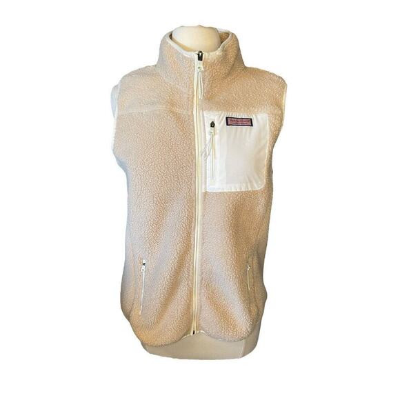 Vineyard Vines Fleece Vest Sherpa Patch Pocket Medium Tan White Full Zip - Picture 1 of 8